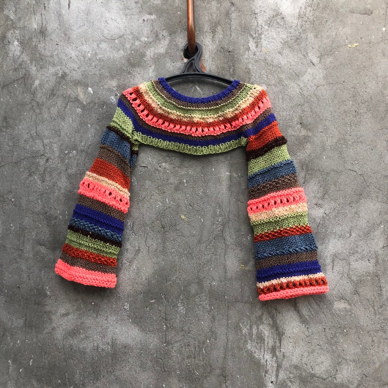 Long Sleeve Extra Crop Top Hippie Hand Knit Bolero Sweater Wide Arm