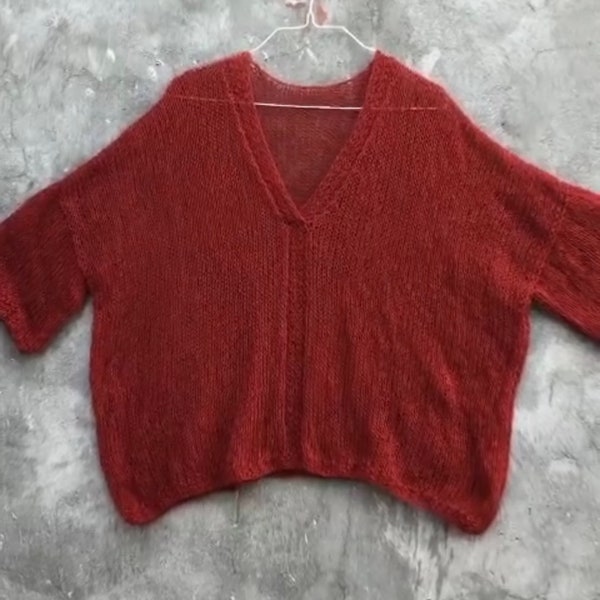 Oversized super mohair sweater Wide arm short sleeves V neck see through pullover woman Loose airy mohair sweater Lightweight soft jumper