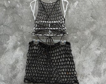 Hollow out 2 piece outfit Fishnet top and fitted mini skirt Lace back tie crop and drawstring skirt See through festival beach outfit woman