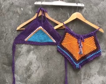 Granny square halter crop top and shorts set  Multi color tie back top and drawstring shorts outfit woman Beach two piece Festival clothing