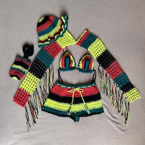 Rasta 5-delige festival gehaakte set outfit zomer strand cover-up set mesh lange mouwen schouderophalen bh top en shorts panamahoed hoes bidon