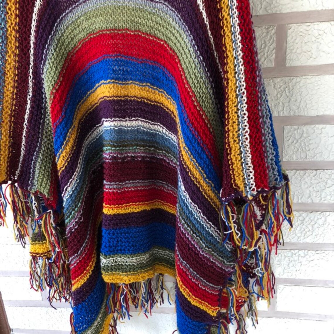 WOOL PONCHO women Mexican Striped Boho shawl Hand knitted Etsy