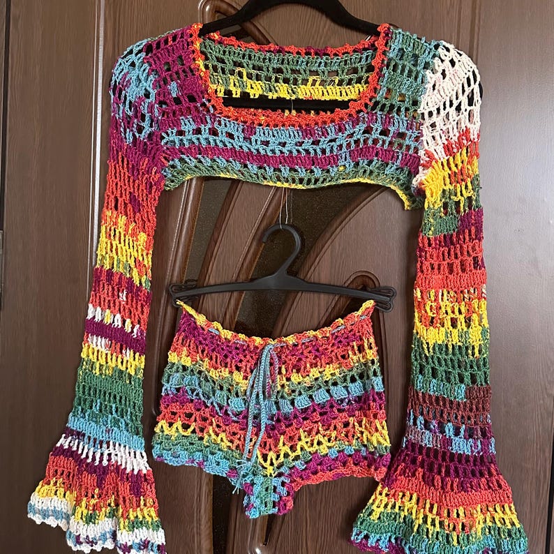 Rainbow Multicolor Crochet Knit Sleeveless Crop Top and Striped Shorts Matching Set