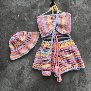 Pastell Goth Set von 4 Outfit Frauen Tube Top Shorts Panama Hut Wasser unten Tasche Strand vertuschen Festival Pool-Party Geschenk für Freundin