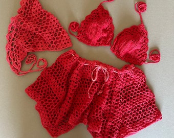 Ensemble 3 pièces carré grand-mère pour femme, jupe résille au crochet, ensemble écharpe bralette et bandana au crochet, mini jupe à cordon de serrage, ensemble écharpe de soutien-gorge