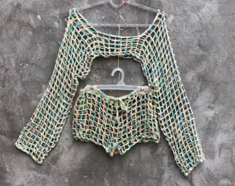 Net crochet outfit woman 2 piece wide long sleeve crop top and shorts set Y2K fishnet top and bottom Festival beach clothing gift girlfriend