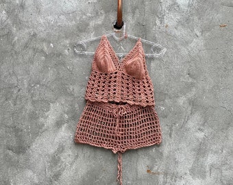 Crop top and shorts two piece outfit woman Lace crochet set Bra top and mesh pants Fishnet beach festival 2 pc ensemble gift for girlfriend