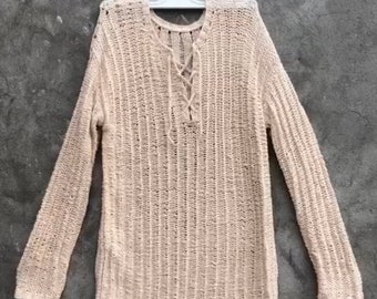 Mens jumper Lace pullover sweater Spring fall long sleeve jumper Front tie knitted sweater gift for boyfriend Handmade cotton sweater man