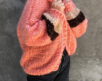 Cardigan grosso in mohair con strisce Maglione sfocato aperto sul davanti Comodo cardigan ampio a maniche lunghe da donna Cardigan squadrato lavorato a maglia di lana con maniche a sbuffo