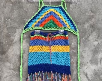 Crochet halter top and mini skirt set Mulicolor striped granny square matching set Colorful beach festival fringe skirt set woman crochet