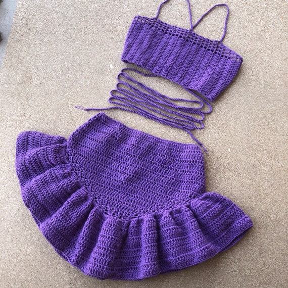 Women Two Piece Crop Tassels Summer Crochet Dress Beach Wear Top and Skirt Set