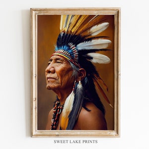 Peinture de portrait amérindien / Chef amérindien / Coiffe / Western / Peinture occidentale vintage / Décoration intérieure IMPRIMABLE 33 image 1