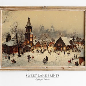 Vintage Winter Village Art - Rustic Christmas Landscape, Snowy Country Decor, Printable Winter Scene, Cozy Home Wall Art
