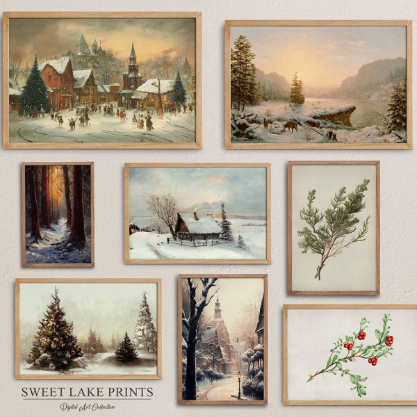 Winter Print Set / Set of 8 Winter Paintings / Gallery Wall Print SET / Winter Farmhouse Holiday Decor / PRINTABLE #127