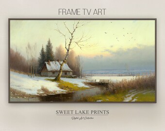 Samsung Frame TV Art / Chalet d’hiver rustique / Peinture à l’huile / Le début du printemps / Art pour la télévision / Téléchargement numérique Smart TV #123