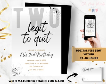 Two 2 Legit to Quit Birthday Invitation - Hip Hop 2nd Birthday Digital Party Invite