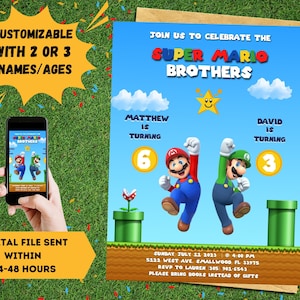 Super Mario Birthday Invitation, Mario Birthday, Luigi Birthday,Printable Double Birthday,Sibling Birthday Invite, Twins Birthday Invitation