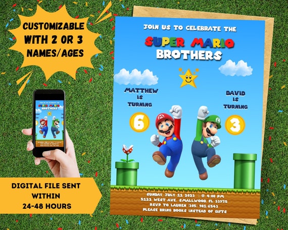 Invitation d'anniversaire de Super Mario, invitation imprimable de