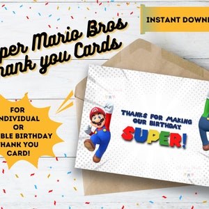 Cartes de remerciement d'anniversaire Super Mario - imprimables cartes de remerciement Mario Brothers - livraison numérique - imprimable Double anniversaire, frères et sœurs, jumeaux