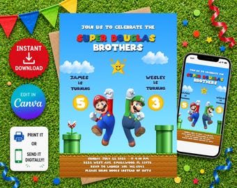 Convite de aniversário do Super Mario, Aniversário do Mario, Aniversário do Luigi, Convite de aniversário duplo para imprimir, Convite de aniversário para irmãos, Convite de aniversário para gêmeos