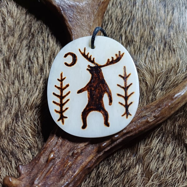 Bear Stag amulet, bone pyrography, cavebear antlers horned forest god protector guardian spirit totem berserker viking norse  pagan heathen