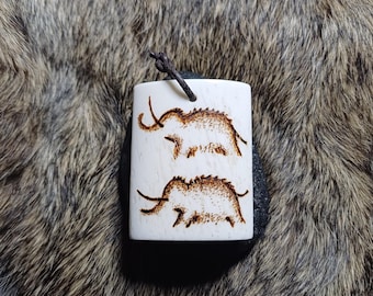 Mammoth talisman, bone pyrography, Woolly Mammoths stone age paleolithic cave painting rock art caveman primitive megafauna primal necklace