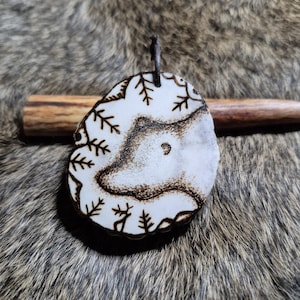 Bear talisman 2, shed moose antler pyrography, cave painting stone age paleolithic paleo art caveman chauvet primitive pagan spirit necklace