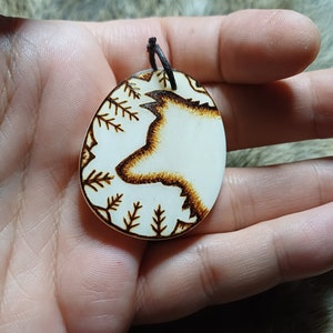 Wolf spirit amulet, bone pyrography, primitive stone age cave painting grey wolf shamanic druid pagan heathen talisman neolithic paleo art