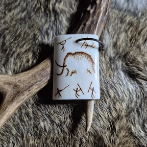 Mammoth hunt talisman, bone pyrography, stone age paleolithic paleolithic cave painting art caveman hunter prehistory archaeology necklace