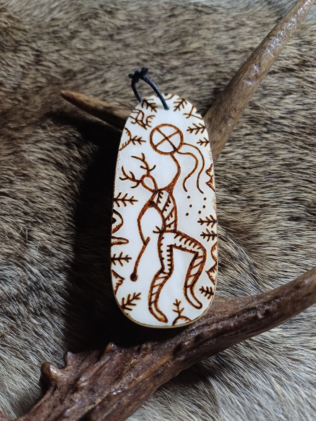 Dancing Shaman Amulet, Bone Pyrography, Horned God Cernunnos Stone ...