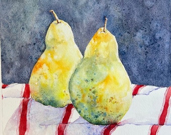 Pear Watercolor Fruit Painting, Original Watercolor Still Life, Two Pears, Pear Tango, Kitchen Wall Art, Hostess Gift, Home Gift, Food Art