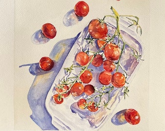 Original Watercolor Painting, Cherry Tomatoes in a Bowl, Watercolor Square Still Life, Original Art for Kitchen, Vegetable Artwork, Art Gift