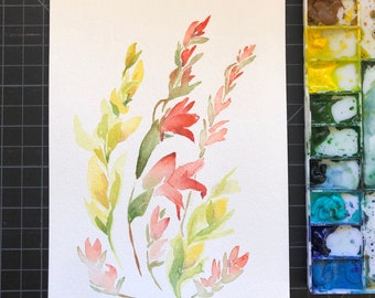 Original Watercolor Gladiolus Painting, Abstract Gladiolus Flower Art, Watercolor Botanical, Flower Painting, Loose Floral Stems Art