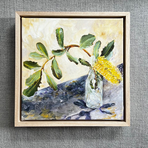 Original Acrylic Still Life Painting, Banksia Flower Wall Art, Banksia in a Bottle Artwork, Ready to Hang Australian Art, Australian Gifts