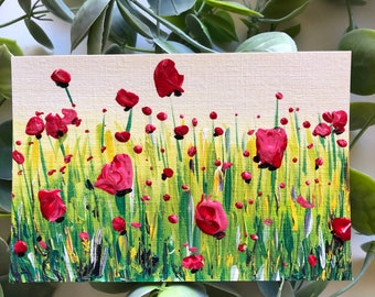 A Field of Poppies Original Painting, Small Textured Art on Paper, Acrylic Floral Landscape, Handmade Art, Poppies Landscape, Impasto Art