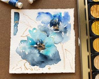 Original Watercolor Blue Anemone Painting, Anemone Flower Watercolor, Small Original Artwork, Hand painted Loose Watercolor Florals on Paper