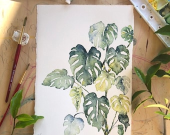 Original Watercolor Monstera Painting, Monstera Leaf painting, Original Plant Artwork, Mother's Day and Plant Lovers Gift, Indoor Plant Art