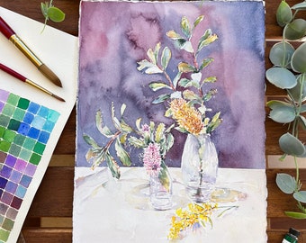 Original Watercolor Banksia Painting, Modern Australian Native Plants Still Life, Australian Flowers in a Jar Artwork, Aussie Native Flora