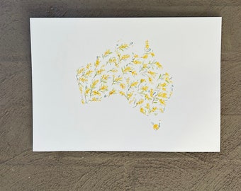 Australia Map Wall Art, Watercolor Australian Floral Map, Original Watercolor Wattles Painting, Australian Souvenir, Golden Wattles Artwork