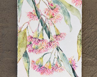 Original Watercolor Flowering Gum Blossoms Painting, Australian Native Flora Art, Gum Leaf Art, Pink Gum Blossoms, Aussie Native Art Gift