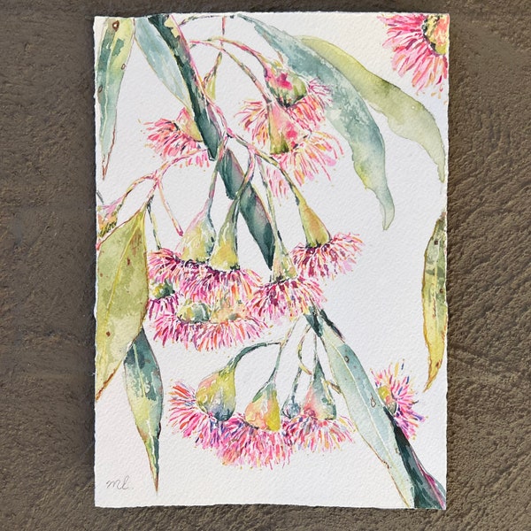 Original Watercolor Flowering Gum Blossoms Painting, Australian Native Flora Art, Gum Leaf Art, Pink Gum Blossoms, Aussie Native Art Gift