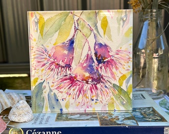 Small Original Watercolor Gum Blossom Painting, Australian Native Flower Art, Aussie Flora Wall Art, Flowering Pink Gum Blossoms Artwork
