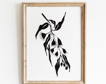 Original Flowering Gum Blossoms & Eucalyptus Leaves Painting, Black Botanical Ink Art, Black and White Wall Art, Australian Native Plant Art