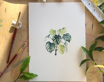 Original Monstera Leaf Watercolor Painting: Minimalist Botanical Art