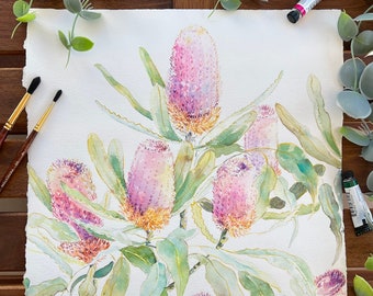 Original Banksia Watercolor Painting, Pink Banksia Wall Art, Australian Native Flowers Artwork, Aussie Christmas Art Gift, Native Floral Art