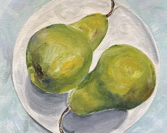 Original Pear Still Life, Two Pears Acrylic Painting, Fruit Painting, Kitchen Wall Art, Green Pears on Plate, Australian Christmas Art Gift