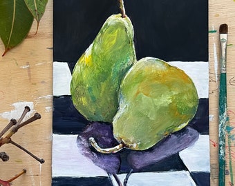 Original Pear Still Life Painting, Kitchen Wall Art, Acrylic Fruit Painting, Small Farmhouse Modern Decor, Pear Artwork on Claybord,