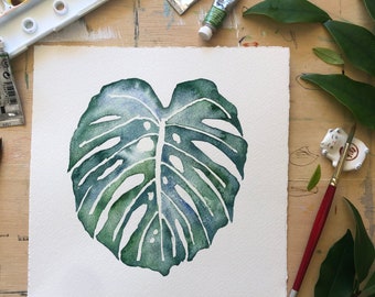 Original Watercolor Monstera Painting, Monstera Leaf Painting, Tropical Watercolor Leaves, Christmas Gift for Plant Lovers, Indoor Plant Art
