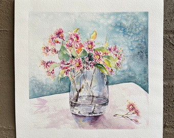 Original Watercolor Flowering Gum Blossoms, Gum Blossoms in a Jar, Still Life Painting, Australian Plant Painting, Small Square Still Life