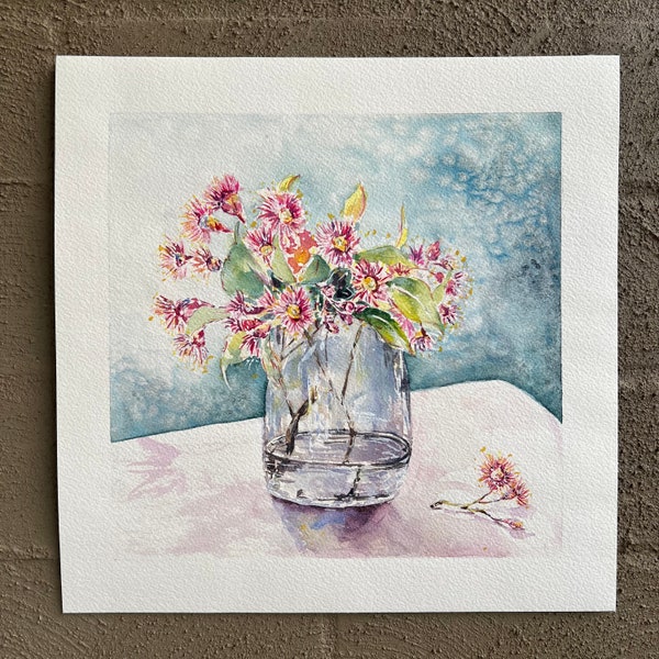 Original Watercolor Flowering Gum Blossoms, Gum Blossoms in a Jar, Still Life Painting, Australian Plant Painting, Small Square Still Life